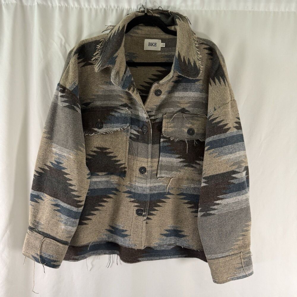 BKE Western Jacket Women's Large Grown Aztec Wool Blend Button Front Distressed